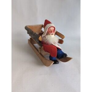 Antique German SANTA CLAUS WOOD SLED Figurine Paper Mache/Clay Felt Belsnickle